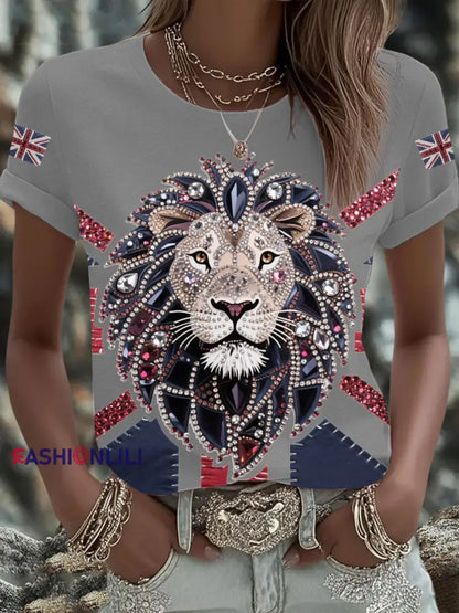 Women’s UK Flag Lion Printed T shirt Light Gray / S