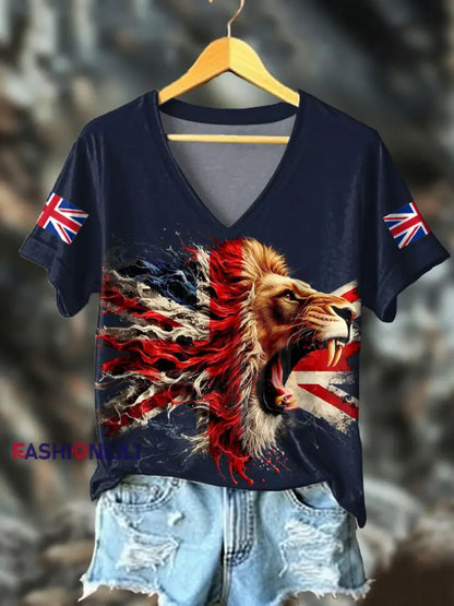 Women’s UK Flag Lion Printed T-shirt Navy Blue / S