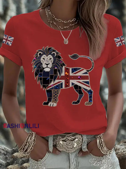 Women’s UK Flag Lion Printed T shirt Red / S