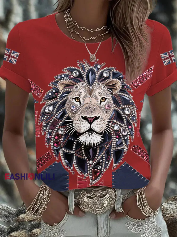 Women’s UK Flag Lion Printed T shirt Red / S