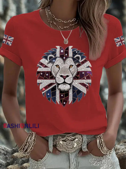 Women’s UK Flag Lion Printed T shirt Red / S