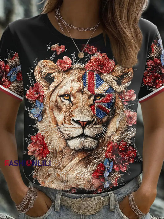 Women’s UK Flag Lioness Art Printed T shirt Black / S