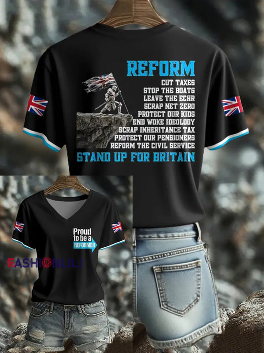 Women’s UK Flag Reform Printed T shirt Black / S