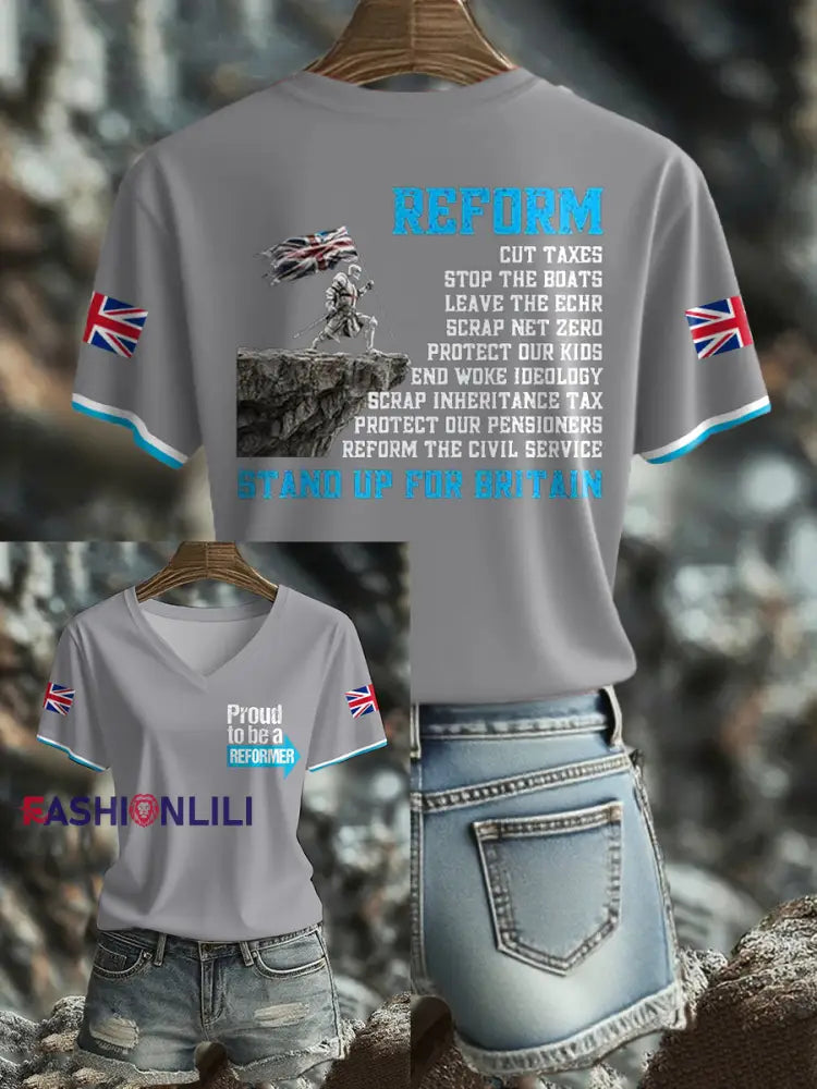 Women’s UK Flag Reform Printed T shirt Light Gray / S
