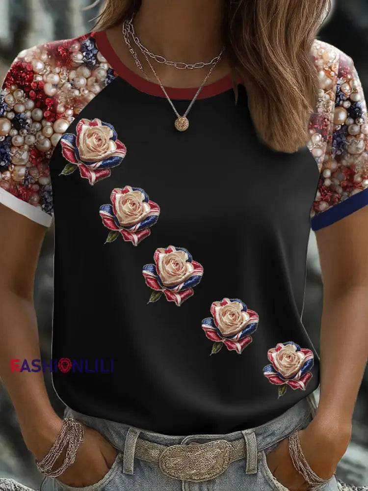 Women’s UK Flag Rose Art Printed T shirt Black / S
