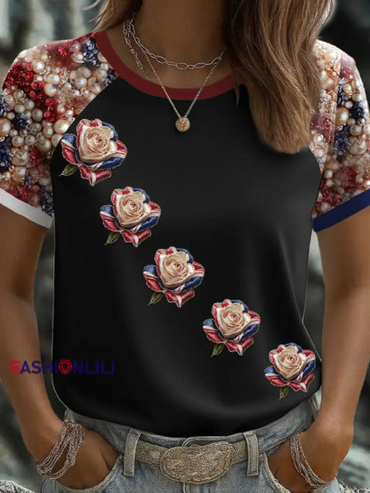 Women’s UK Flag Rose Art Printed T shirt Black / S