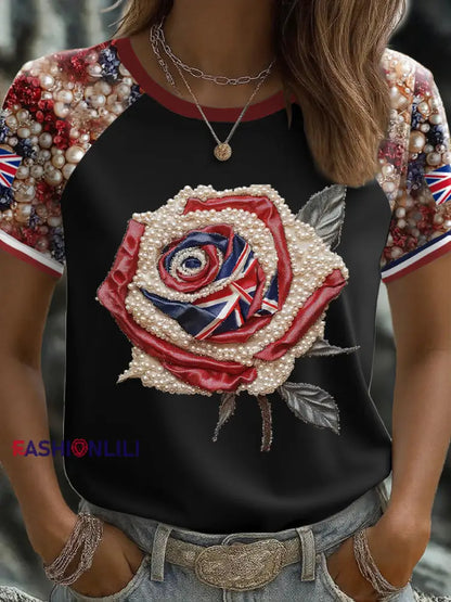 Women’s UK Flag Rose Art Printed T shirt Black / S
