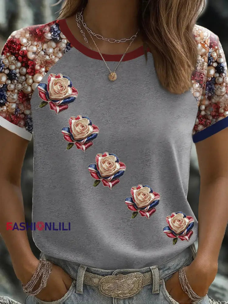 Women’s UK Flag Rose Art Printed T shirt Light Gray / S