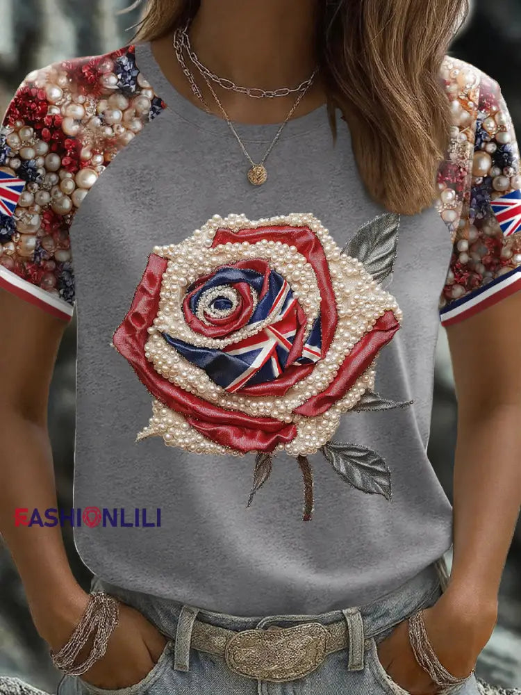 Women’s UK Flag Rose Art Printed T shirt Light Gray / S