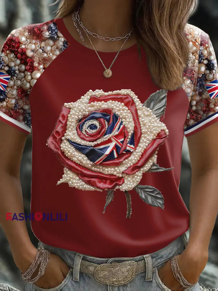 Women’s UK Flag Rose Art Printed T shirt Red / S