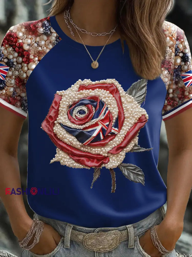 Women’s UK Flag Rose Art Printed T shirt Royal Blue / S