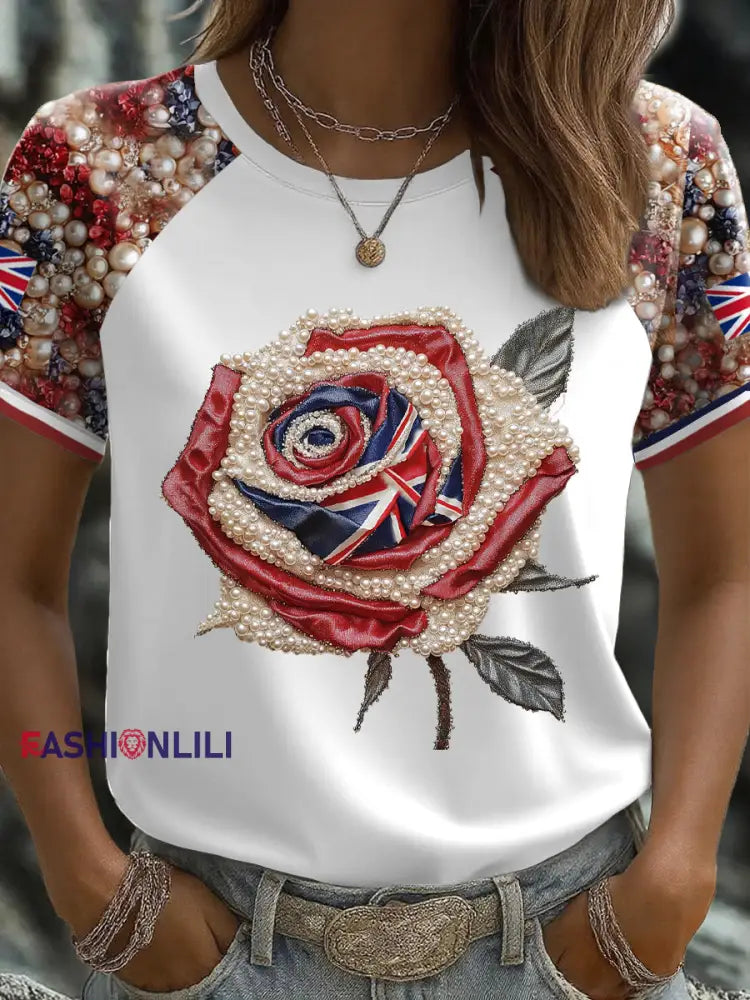 Women’s UK Flag Rose Art Printed T shirt White / S