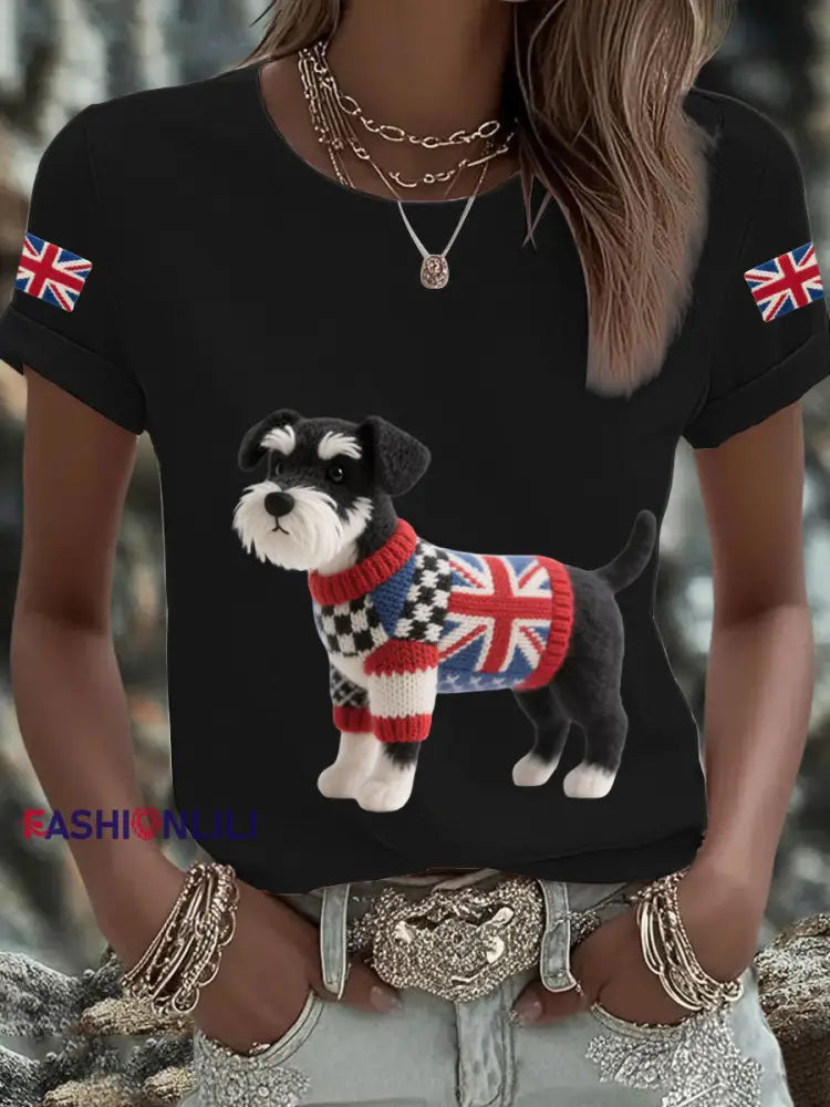 Women’s UK Flag Schnauzer Printed T shirt Black / S