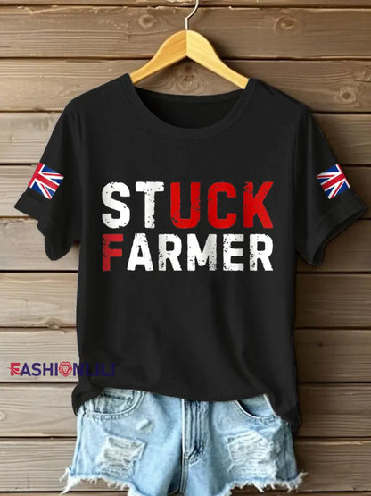 Women’s UK Flag Stuck Farmer Funny Printed T-Shirt Black / S