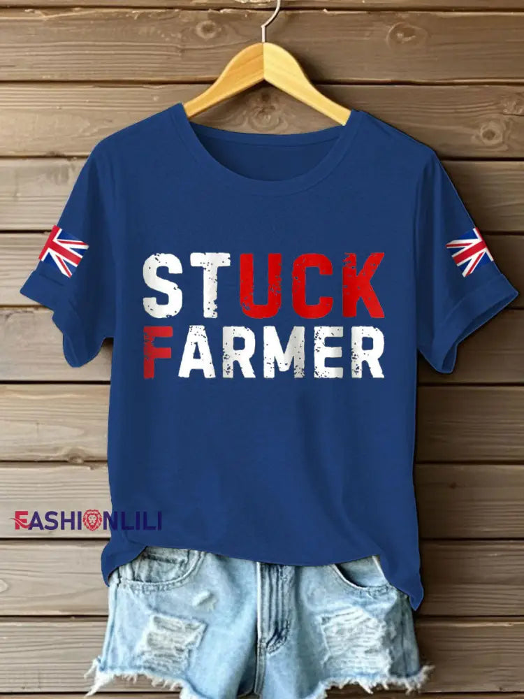 Women’s UK Flag Stuck Farmer Funny Printed T-Shirt Navy Blue / S