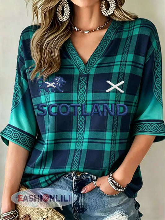 Women’s UK Football Lover Scotland Printed Mid-length Sleeves V-Neck T-Shirt - As picture / S