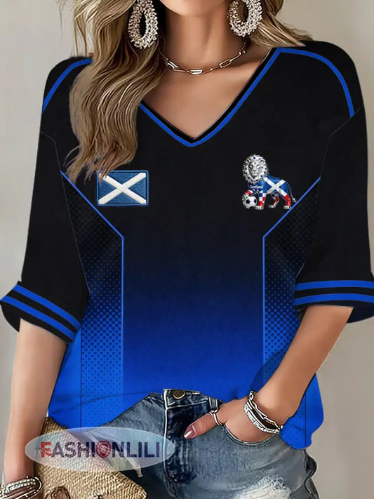 Women’s UK Football Lover Scotland Printed Mid-length Sleeves V-Neck T-Shirt - As picture / S