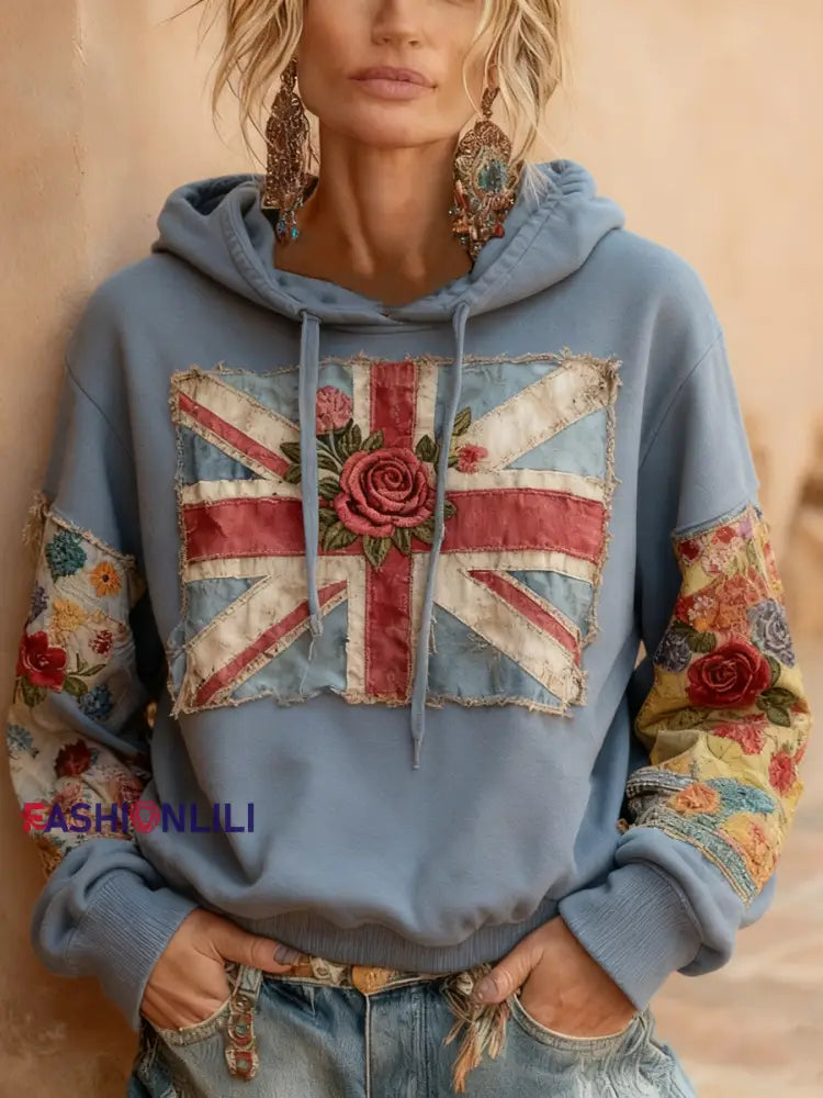 Women’s Union Jack and floral Drawstring Hoodie Blue / S