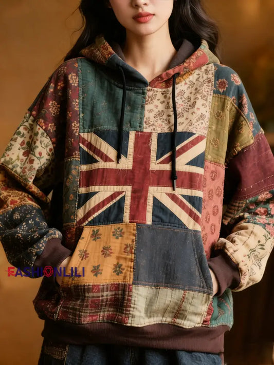 Women’s Union Jack and patchwork style hoodie As picture / S