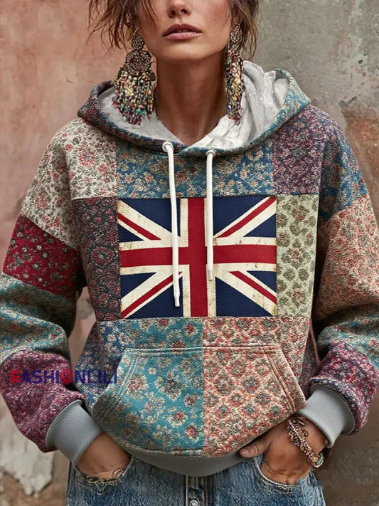 Women’s Union Jack and patchwork style hoodie As picture / S