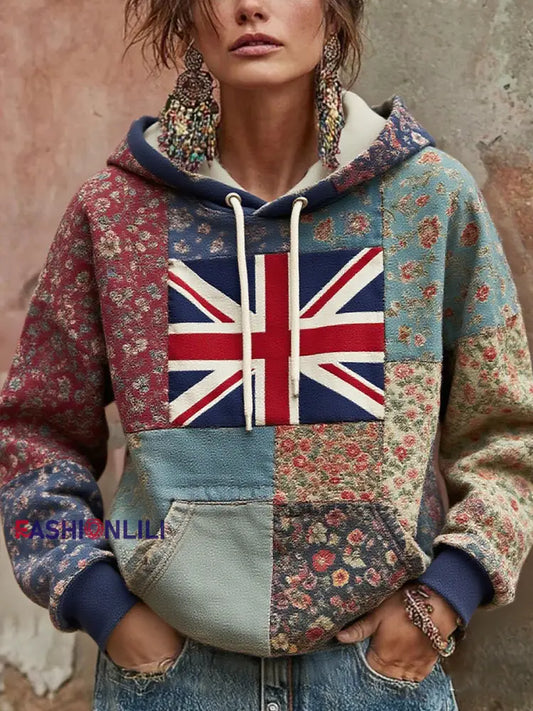 Women’s Union Jack and patchwork style hoodie As picture / S