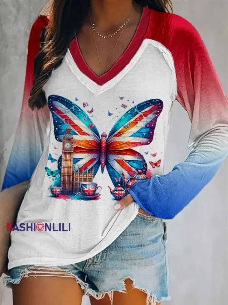 Women’s Union Jack Butterfly Double Layer Neck Long Sleeve T-Shirt As picture / S