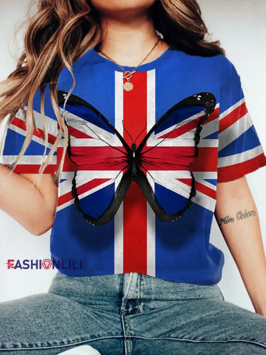 Women’s Union Jack Butterfly Short-sleeved T-shirt As picture / S