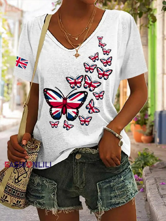 Women’s Union Jack Butterfly V-neck T-shirt White / S