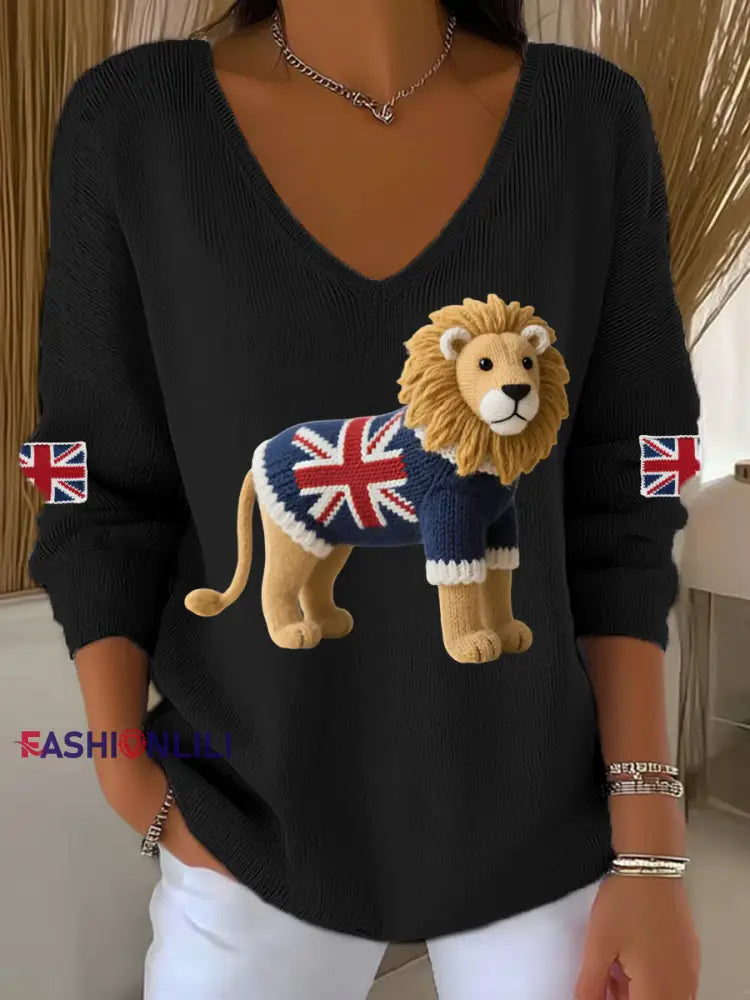 Women’s Union Jack Lion Print Casual Long Sleeve Top Black / S