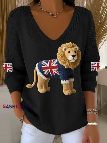 Women’s Union Jack Lion Print Casual Long Sleeve Top Black / S