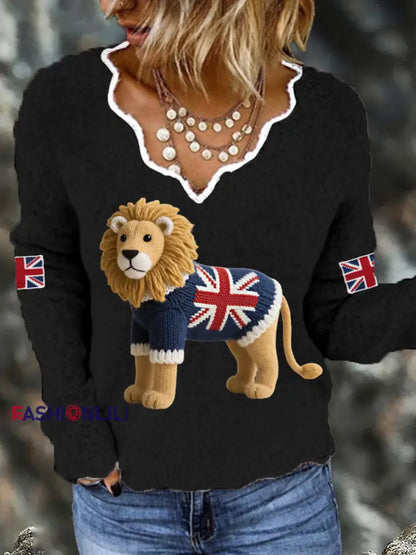 Women’s Union Jack Lion Print Casual Long Sleeve Top Black / S
