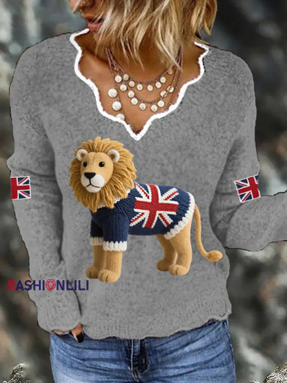 Women’s Union Jack Lion Print Casual Long Sleeve Top Gray / S