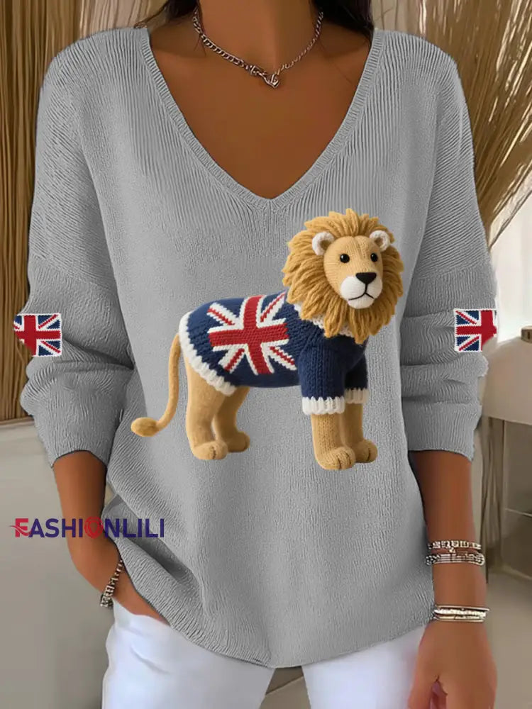 Women’s Union Jack Lion Print Casual Long Sleeve Top Gray / S