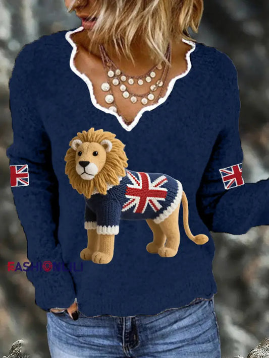 Women’s Union Jack Lion Print Casual Long Sleeve Top Navy Blue / S