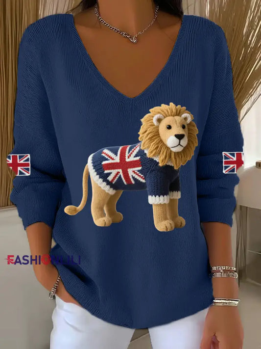 Women’s Union Jack Lion Print Casual Long Sleeve Top Navy Blue / S