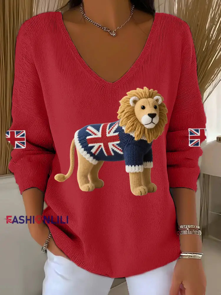 Women’s Union Jack Lion Print Casual Long Sleeve Top Red / S