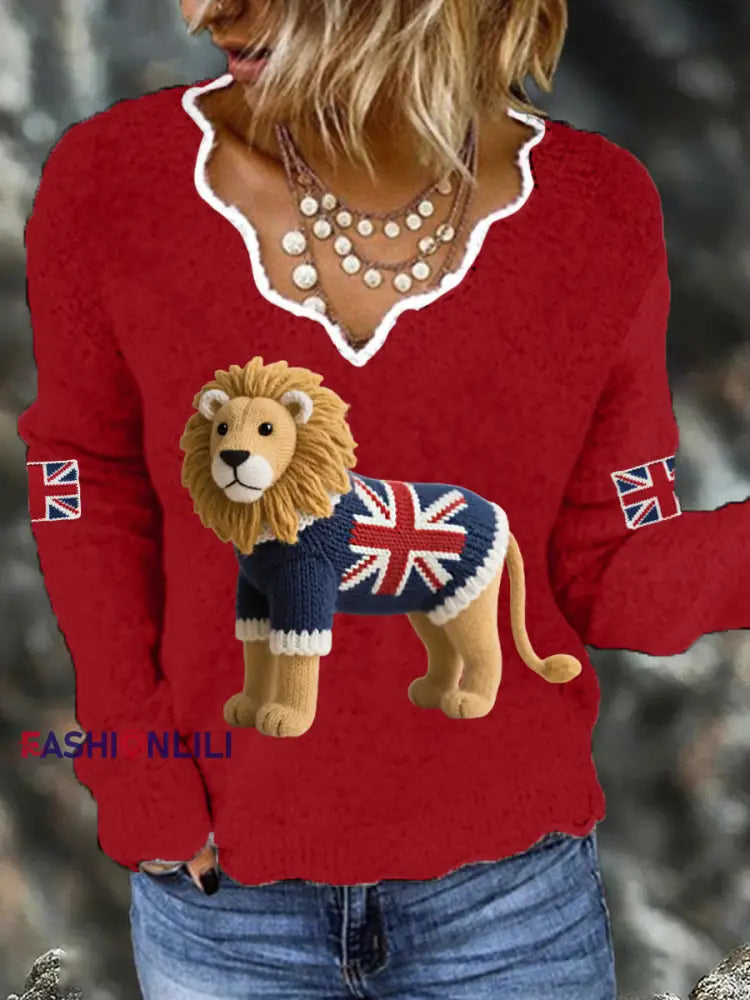 Women’s Union Jack Lion Print Casual Long Sleeve Top Red / S
