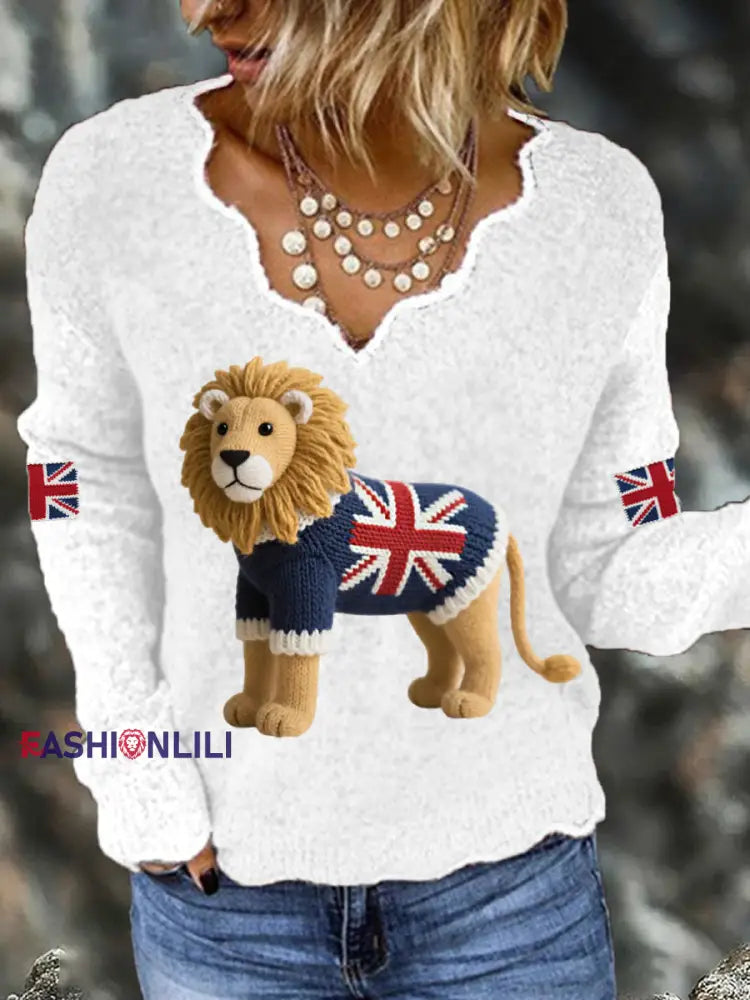 Women’s Union Jack Lion Print Casual Long Sleeve Top White / S