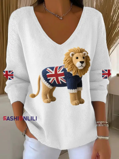 Women’s Union Jack Lion Print Casual Long Sleeve Top White / S