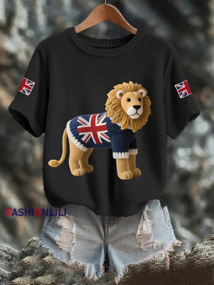 Women’s Union Jack Lion Print Casual Tee Black / S