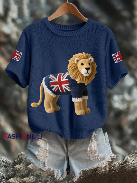 Women’s Union Jack Lion Print Casual Tee Navy Blue / S