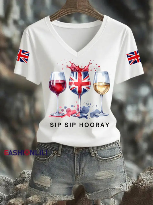 Women’s Union Jack Red Wine Glass Short Sleeve T Shirt White / S