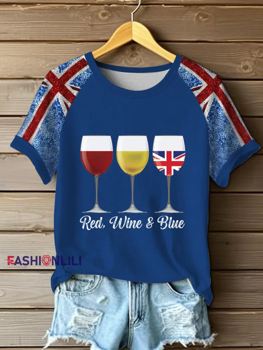 Women’s Union Jack Wine Glass Round Neck Short Sleeve T-shirt Blue / S