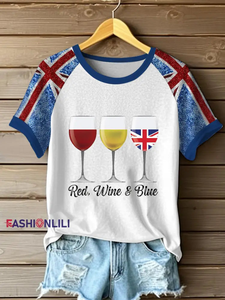 Women’s Union Jack Wine Glass Round Neck Short Sleeve T-shirt White / S