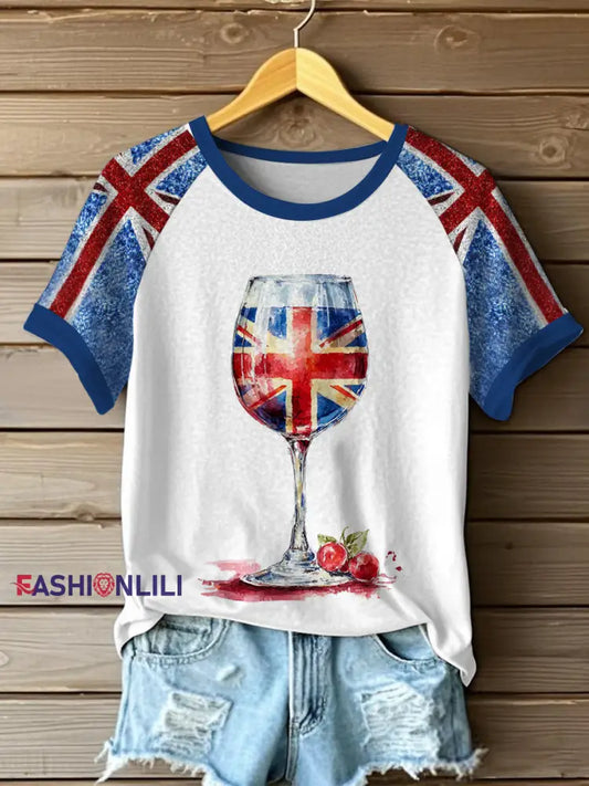 Women’s Union Jack Wine Glass Round Neck Short Sleeve T-shirt White / S
