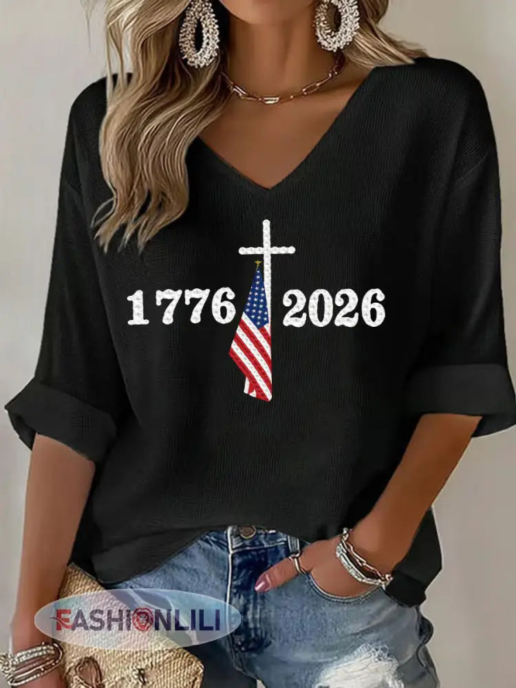 Women’s USA 1776-2026 Printed Casual T-Shirt - Black / S