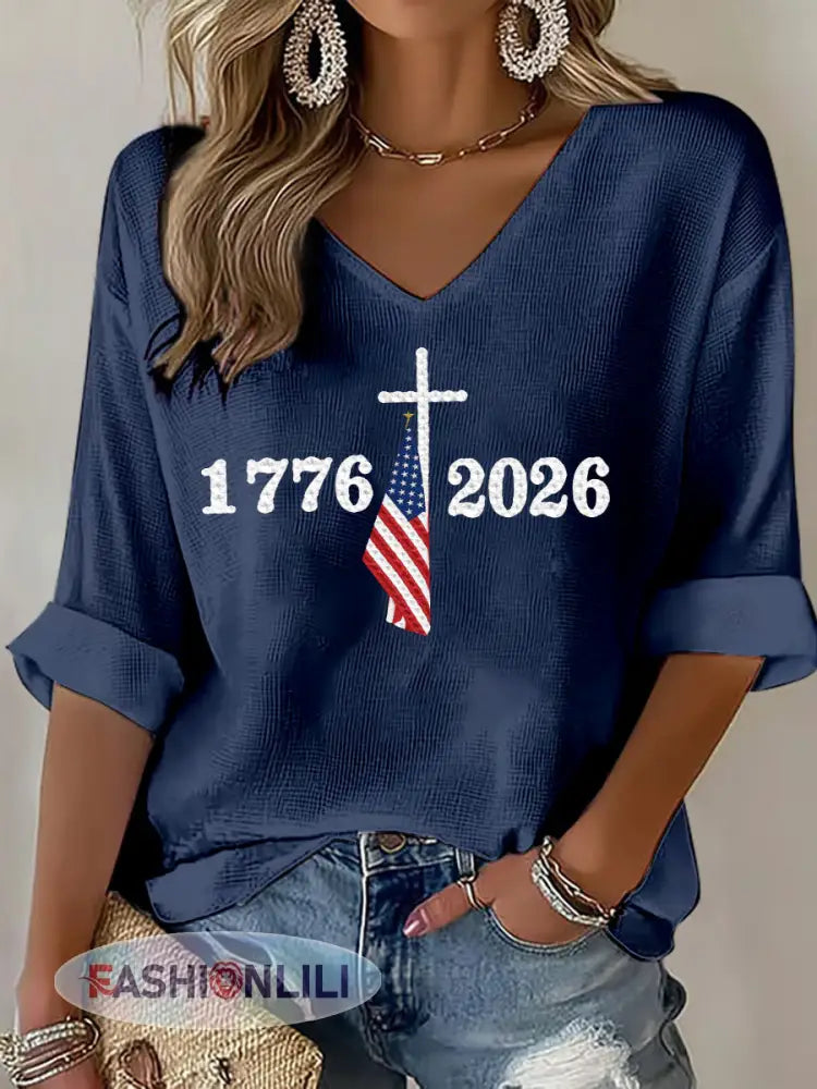 Women’s USA 1776-2026 Printed Casual T-Shirt - Navy Blue / S