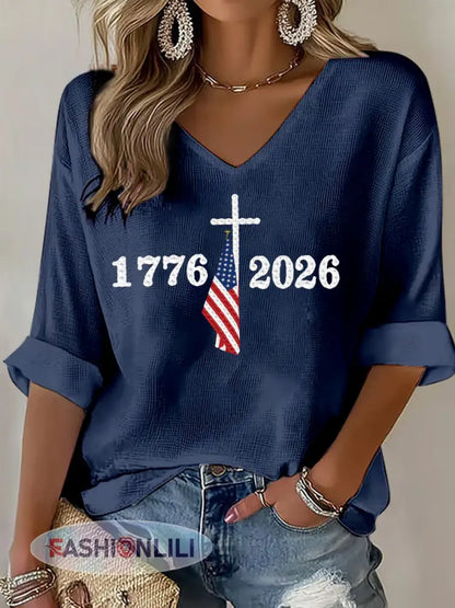Women’s USA 1776-2026 Printed Casual T-Shirt - Navy Blue / S