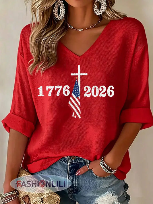 Women’s USA 1776-2026 Printed Casual T-Shirt - Red / S