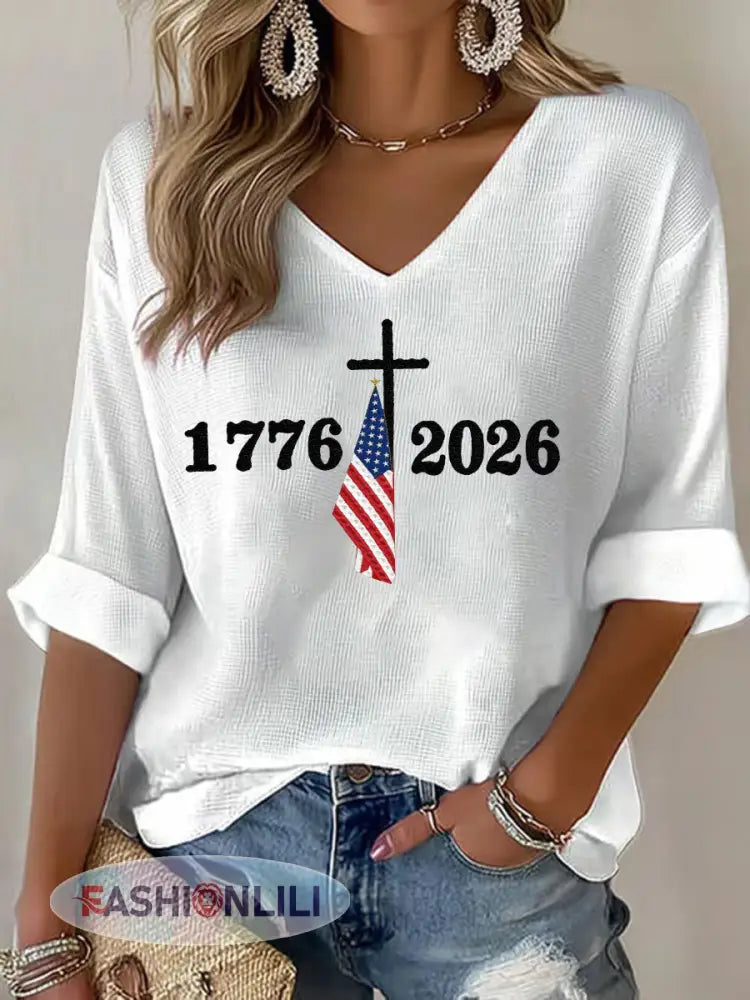 Women’s USA 1776-2026 Printed Casual T-Shirt - White / S